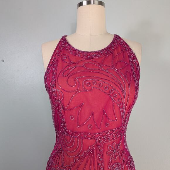 Vintage Prom Dress Maxi Gown L Pink Y2K Beaded Glam Silk Backless Pageant Formal - Picture 6 of 13